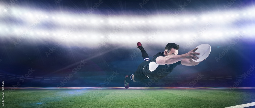 Poster composite image of rugby player scoring a try