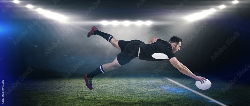 Poster composite image of rugby player scoring a try