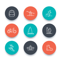 Travel, adventure, surfing line icons