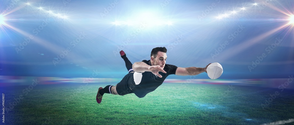 Poster composite image of rugby player scoring a try
