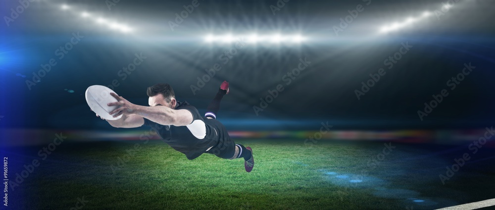 Poster composite image of rugby player scoring a try