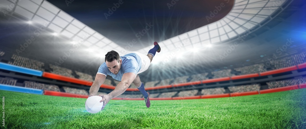 Poster composite image of rugby player scoring a try