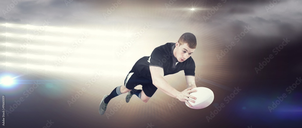 Poster composite image of a rugby player scoring a try