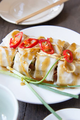 Fresh spring rolls with sauce on white plate,Thai food