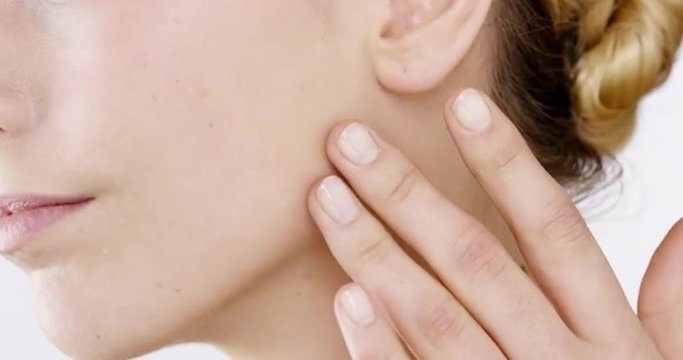 Closeup Beauty portrait of woman hand touching neck  skincare concept - Red Epic Dragon