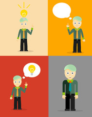 Young businessman thinking of his ideas. Set of flat design