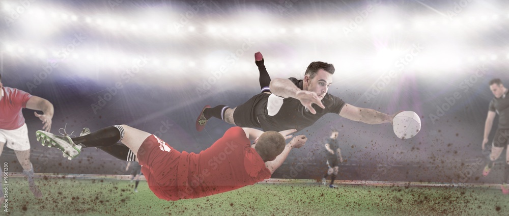 Poster composite image of a rugby player scoring a try