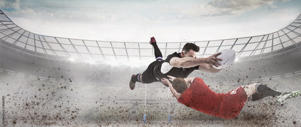 Poster composite image of a rugby player scoring a try