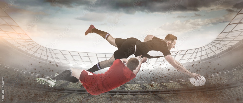 Poster composite image of a rugby player scoring a try