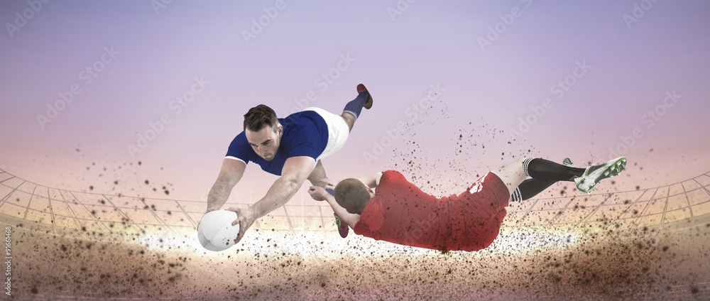 Poster composite image of a rugby player scoring a try