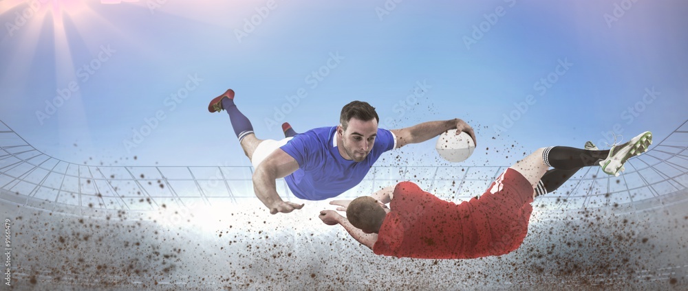 Poster composite image of a rugby player scoring a try