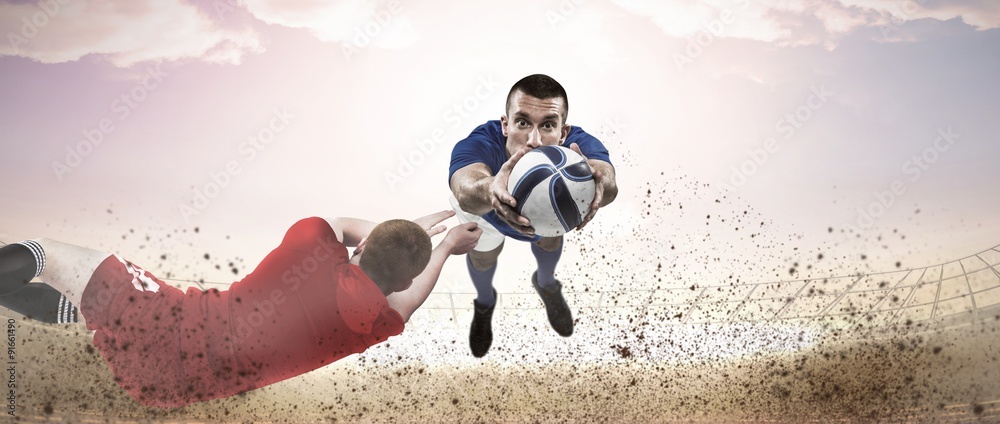 Poster composite image of a rugby player scoring a try