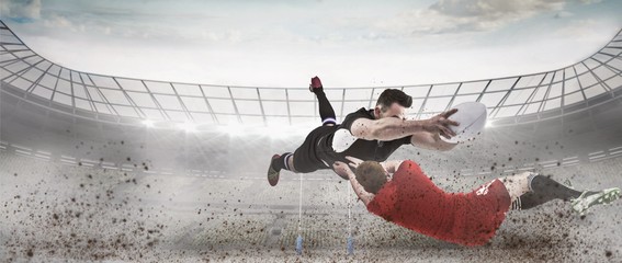 Composite image of a rugby player scoring a try