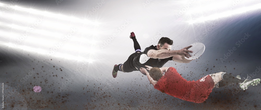 Poster composite image of a rugby player scoring a try