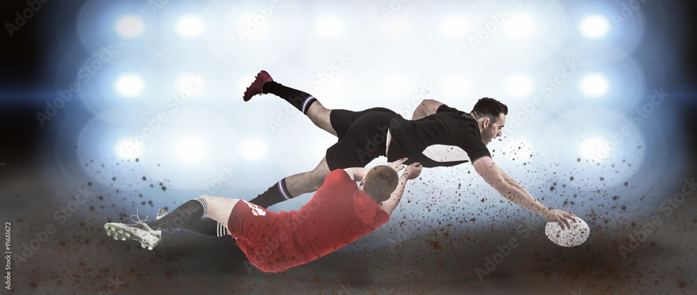 Poster composite image of a rugby player scoring a try