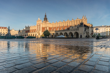 Cloth hall on the main market square in Krakow, Poland, during golden hour
