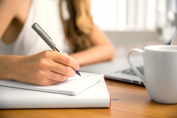 Close up of writer blogger hand laptop computer taking notes studying at home