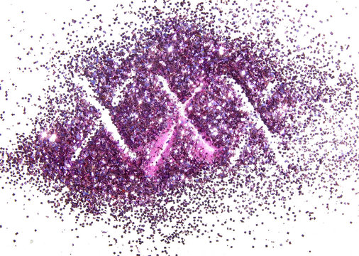 XXX, on purple glitter sparkles on white background, sign, logo, symbol
