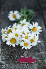 Obraz premium Beautiful fresh daisies decorated with hearts on wooden texture