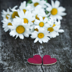 Obraz premium Beautiful fresh daisies decorated with hearts on wooden texture