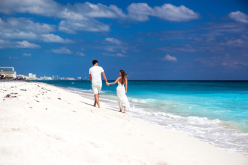 Young beautiful newlyweds on white sandy beach, rear view