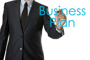 business man writing business plan on white background