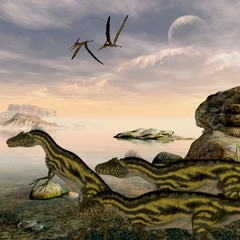 Deltadromeus Dinosaurs - Pteranodon flying reptiles watch Deltadromeus dinosaurs searching the shoreline for things to eat. © Catmando