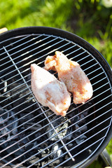 Raw chicken fillet breast cooking on barbeque grid