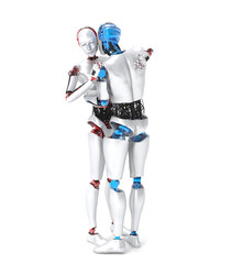 Two hugging robots, white background