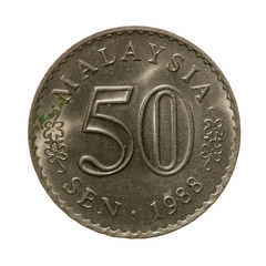  Fifty sen coin Republic Malaysia isolated on white background. © vitalily_73