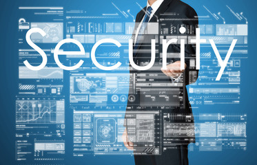 businessman presenting Security text and graphs and diagrams wit