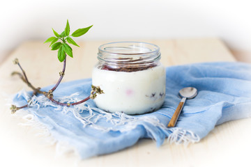 Yogurt with granola and berries in jar on blue napkin