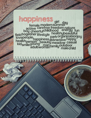 notebook lying on the table with the written words associated wi
