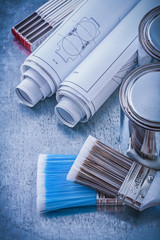 Composition of paint brushes cans construction drawings wooden m