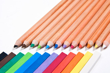 Obraz premium Close up view of different color pencils and chalk pastels isola