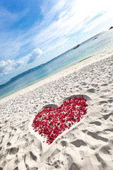 Heart of roses petals on sea sand beach