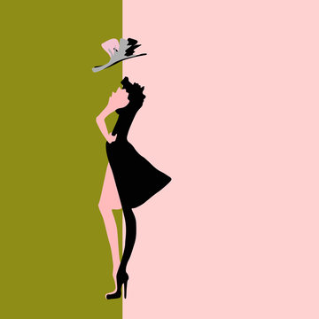 Abstract sketch of the model in a dress and hat, fashion, logo