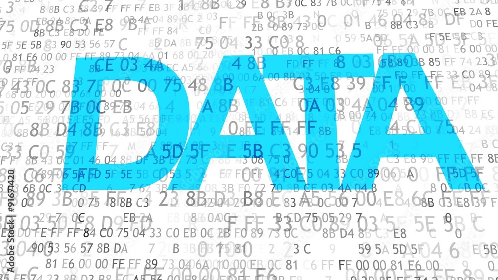 Aufkleber information concept: pixelated multicolor text data on digital background