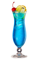 Blue Lagoon cocktail with a slice of lemon and cherry