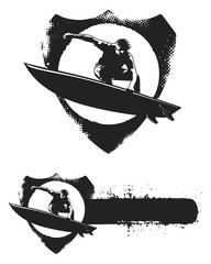 stencil vintage shield with surfer jumping © locotearts