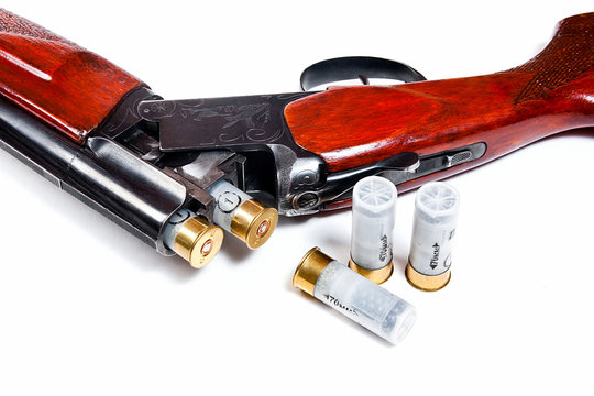 Hunting shotgun and ammunition on white background.