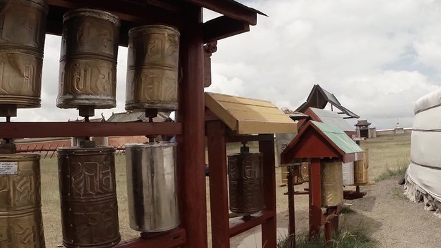 a plurality of reels of old prayer mantras inscribed in Sanskrit
Erdene Zuu Buddhist monastery - one of the oldest monuments of Mongolia