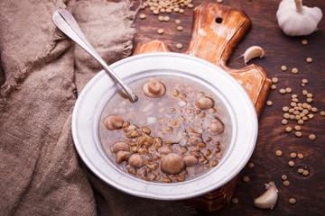 Soup with lentils and mushrooms.selective focus