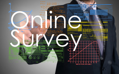 businessman presenting online survey concept and drawing graphs
