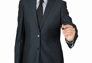 Young businessman writing something on white background