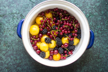 pan filled with colored berries on a green background