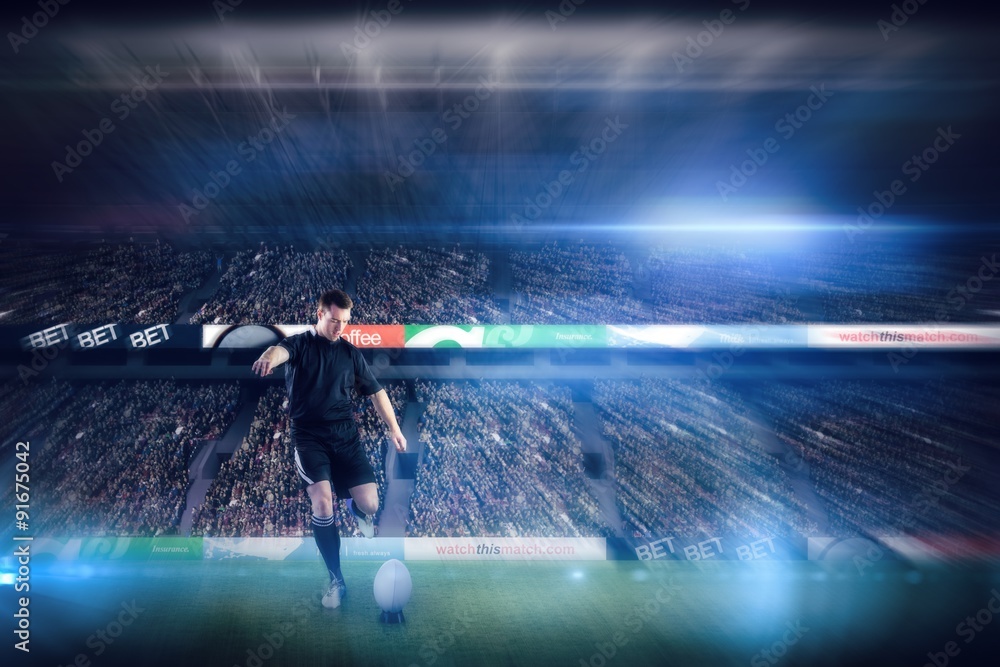 Poster composite image of a rugby player scoring a try