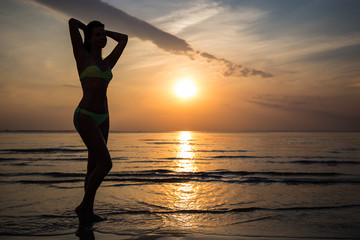 silhouette of woman in bikini posing on beach at sunset