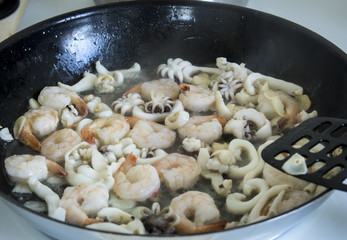 fried seafood in a frying pan