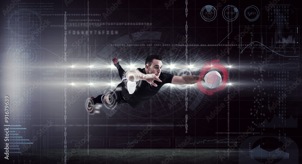 Poster composite image of rugby player scoring a try
